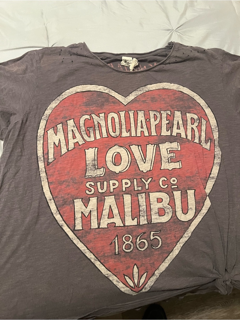 Magnolia Pearl Kids Gray Tee with Red Heart Graphic and White Print